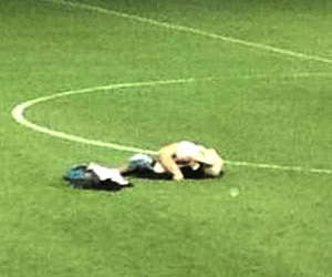 Randy couple caught having sex on soccer pitch
